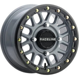 Raceline A93SG Podium 14x7in/4x156 BP/38mm Offset/132.5mm Bore - Grey & Black Ring Beadlock Wheel