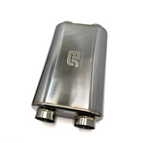 Stainless Bros 17in OAL 2.5in Oval SS304 Polished Finish Muffler - 2.5in Center In/Dual Out