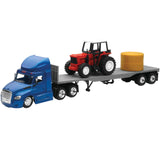 New Ray Toys Freightliner Cascadia Flatbed with Farm Tractor and Round Hay Bale/ Scale - 1:43
