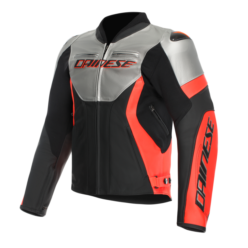 Dainese Racing 5 Leather Jacket Silver/Black/Red Fluorescent Size - 58