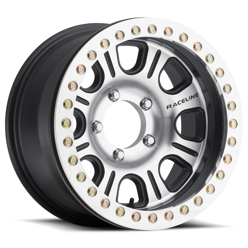Raceline RT232 Monster 15x8in/5x139.7 BP/-32mm Offset/107.95mm Bore - BLK & Machined Beadlock Wheel