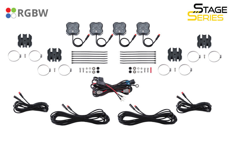 Diode Dynamics Stage Series SXS Rock Light Installer Kit - RGBW M8 w/Controller (4-pack)