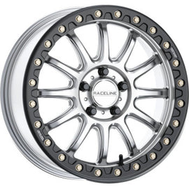 Raceline A14SB Alpha 17x7in/5x114.3 BP/40mm Offset/68mm Bore - Silver & Blk Ring Beadlock Wheel