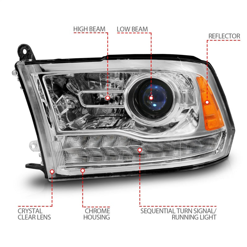 ANZO 09-18 Dodge Ram 1500/2500/3500 LED Plank Style Headlights Switchback + Sequential - Chrome