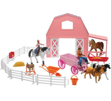 Load image into Gallery viewer, New Ray Toys Valley Ranch Set with Pink Barn, Horses, Cowgirls and Fences/ Scale 1:32