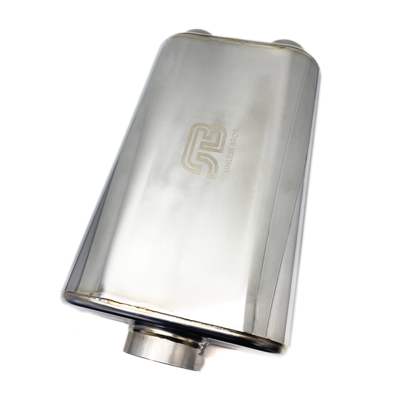 Stainless Bros 17in OAL 3in Oval SS304 Polished Finish Muffler - 3in Center In/2.5in Dual Out