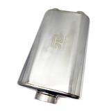 Stainless Bros 17in OAL 3in Thin Oval SS304 Polished Finish Muffler 3in Center In/2.5in Dual Out