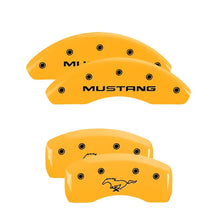 Load image into Gallery viewer, MGP 4 Caliper Covers Engraved Front Mustang Rear Pony Yellow Finish Black Char 1997 Ford Mustang