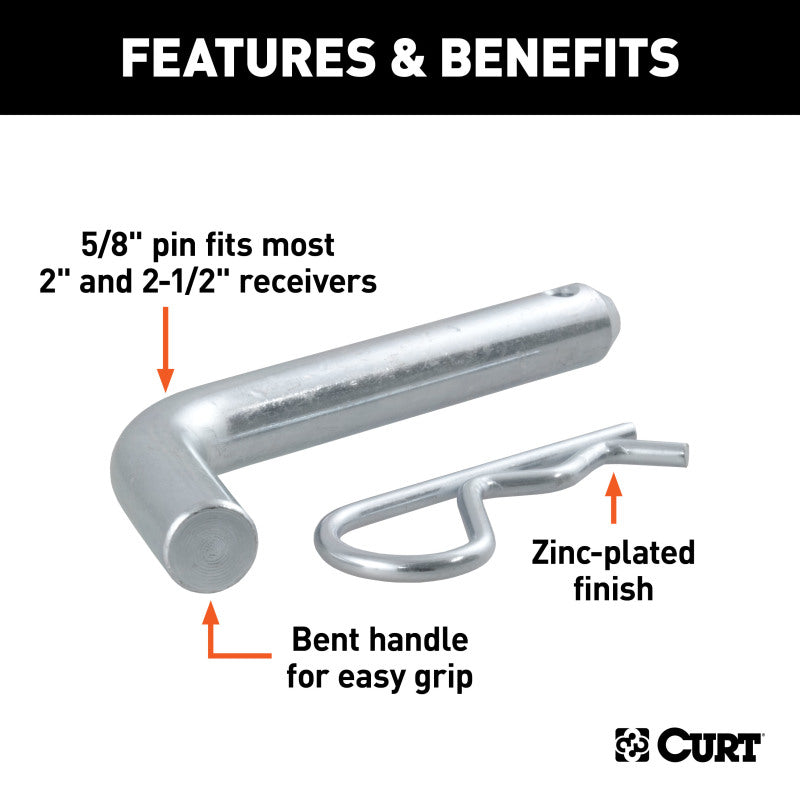 Curt 5/8in Hitch Pin (2in or 2-1/2in Receiver Zinc Packaged)