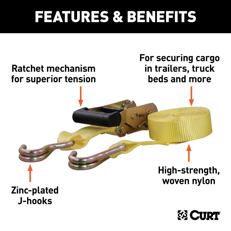 Curt 14ft Yellow Cargo Strap w/J-Hooks (1667lbs)