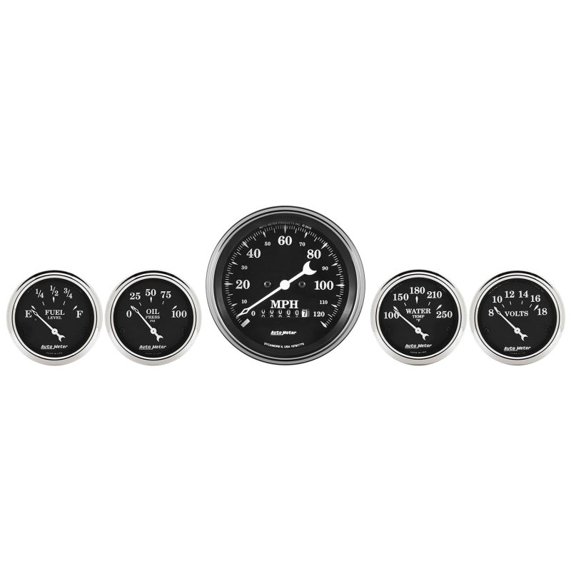 Auto Meter Gauge Kit 5 pc. 3 3/8in & 2 1/16in Elec. Speedometer Old Tyme Black