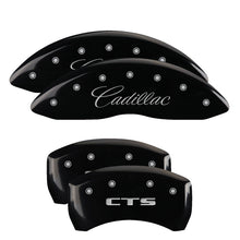 Load image into Gallery viewer, MGP 4 Caliper Covers Engraved Front Cursive/Cadillac Engraved Rear CTS Black finish silver ch