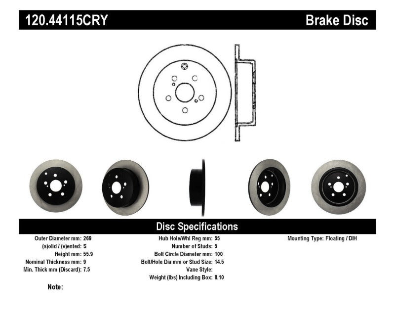 Stoptech 01-05 Toyota Celica GT-S/05-09 Scion tC Rear CRYO-STOP Rotor