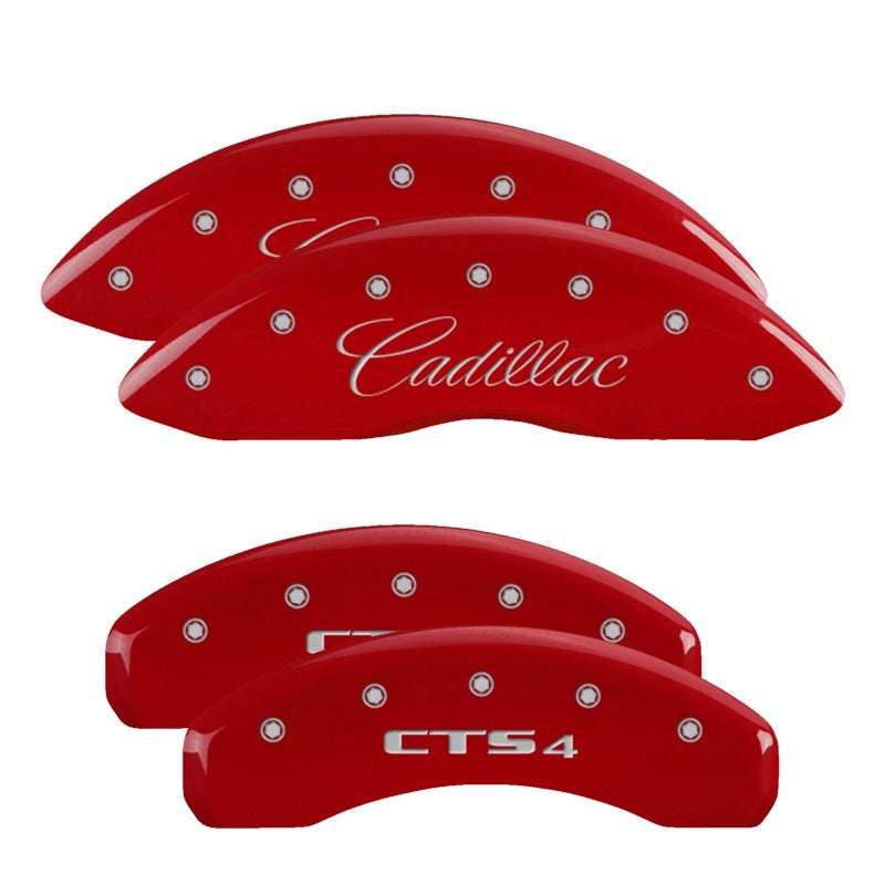 MGP 4 Caliper Covers Engraved Front Cursive/Cadillac Engraved Rear STS Red finish silver ch