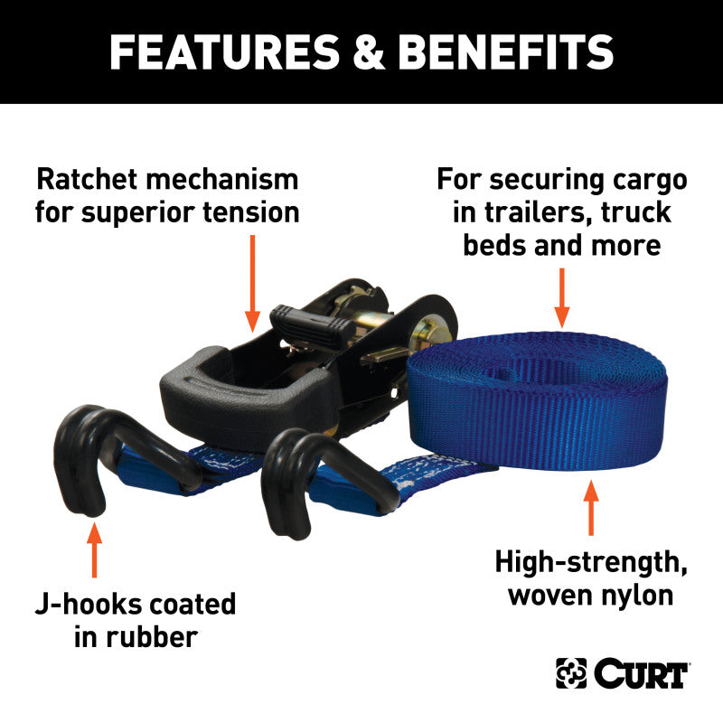 Curt 16ft Blue Cargo Strap w/J-Hooks (733lbs)