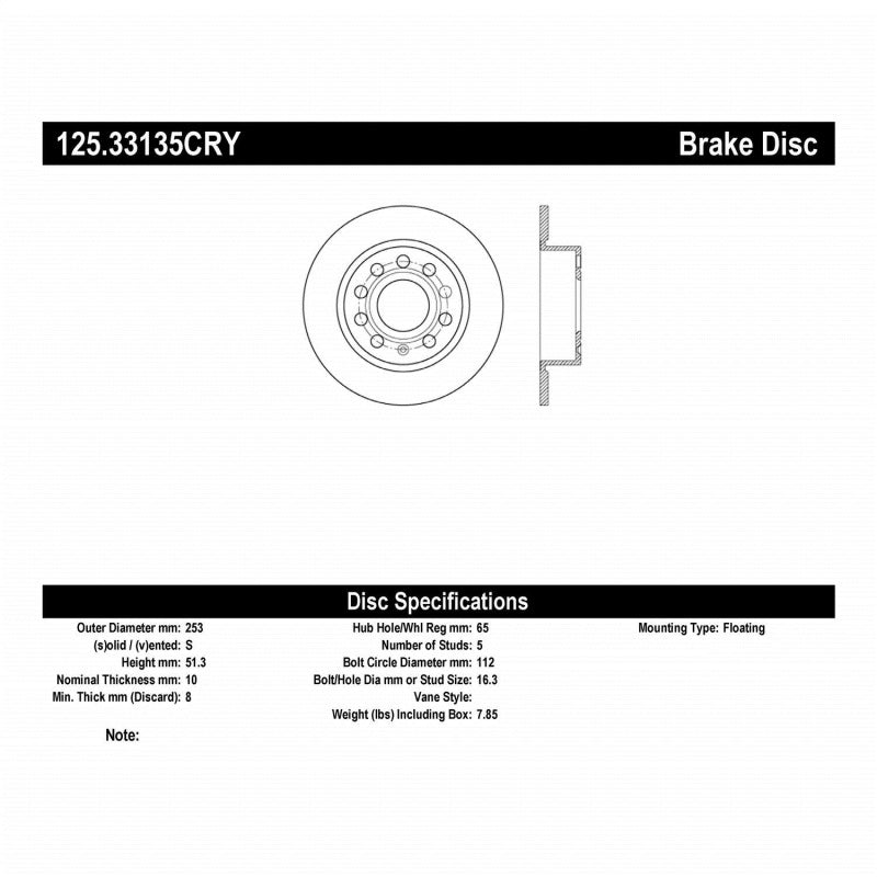 Stoptech 06-19 Audi A3 Premium High-Carbon CRYO-STOP Rear Rotor