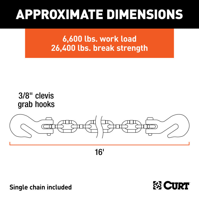 Curt 16ft Transport Binder Safety Chain w/2 Clevis Hooks (26400lbs Yellow Zinc)