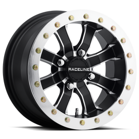 Raceline A71 Mamba 14x7in/4x156 BP/4+3 10mm Offset/132.5mm Bore - Blk & Machined Ring Beadlock Wheel