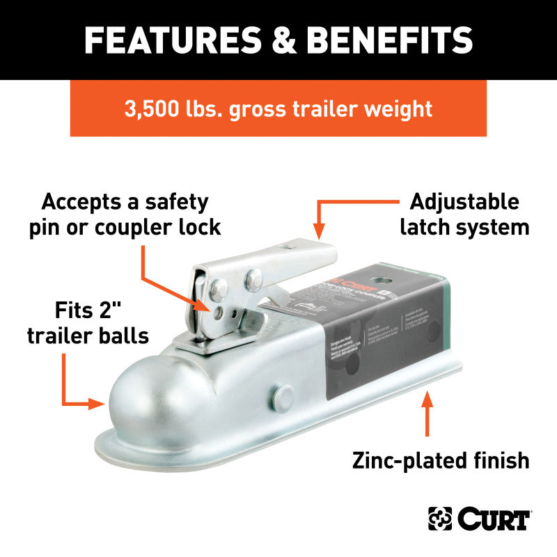 Curt 2in Straight-Tongue Coupler w/Posi-Lock (2in Channel 3500lbs Zinc)