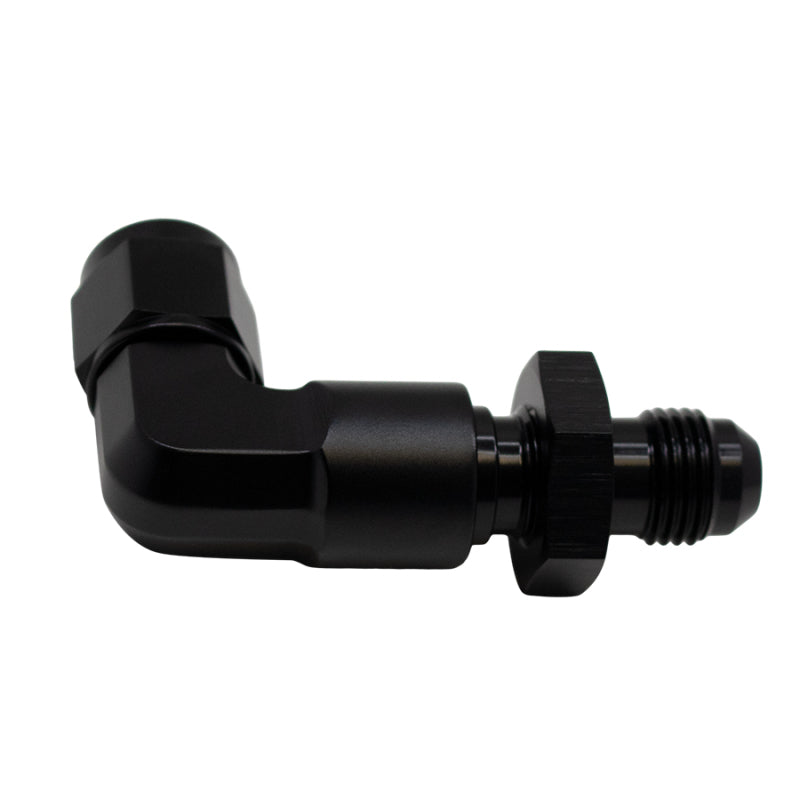 DeatschWerks 6AN Female Flare Swivel to 6AN Male Flare 90-Degree Bulkhead - Anodized Matte Black