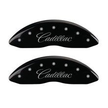 Load image into Gallery viewer, MGP 4 Caliper Covers Engraved Front &amp; Rear Cursive/Cadillac Black finish silver ch