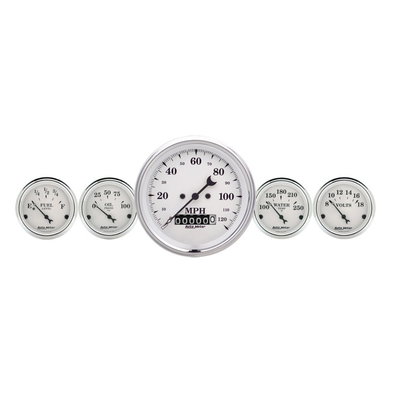AutoMeter Gauge Kit 5 Pc. 3-3/8in. & 2-1/16in. Elec. Speedometer Old Tyme White
