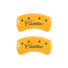 Load image into Gallery viewer, MGP 4 Caliper Covers Engraved Front &amp; Rear Cursive/Cadillac Yellow finish black ch