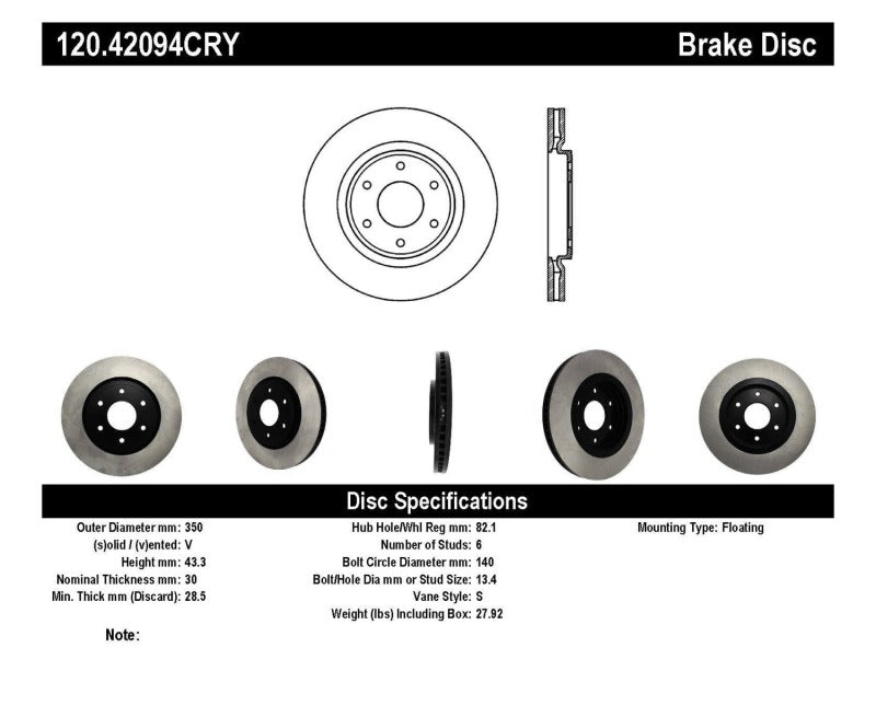 Stoptech 05-07 Infiniti QX56 Performance Cryo Front Brake Rotor