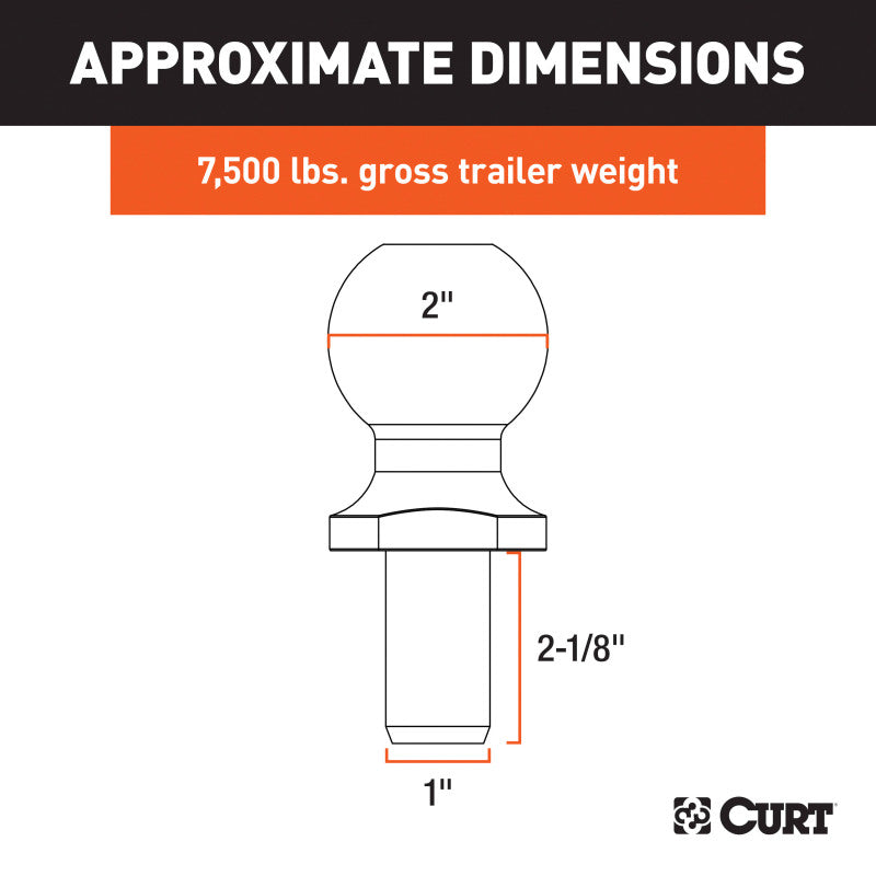 Curt 2in Trailer Ball (1in x 2-1/8in Shank 7500lbs Chrome)