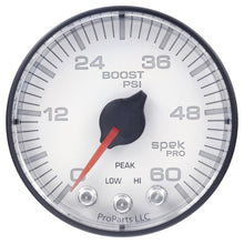 Load image into Gallery viewer, Autometer Spek-Pro Gauge Boost 2 1/16in 60psi Stepper Motor W/Peak &amp; Warn Wht/Blk