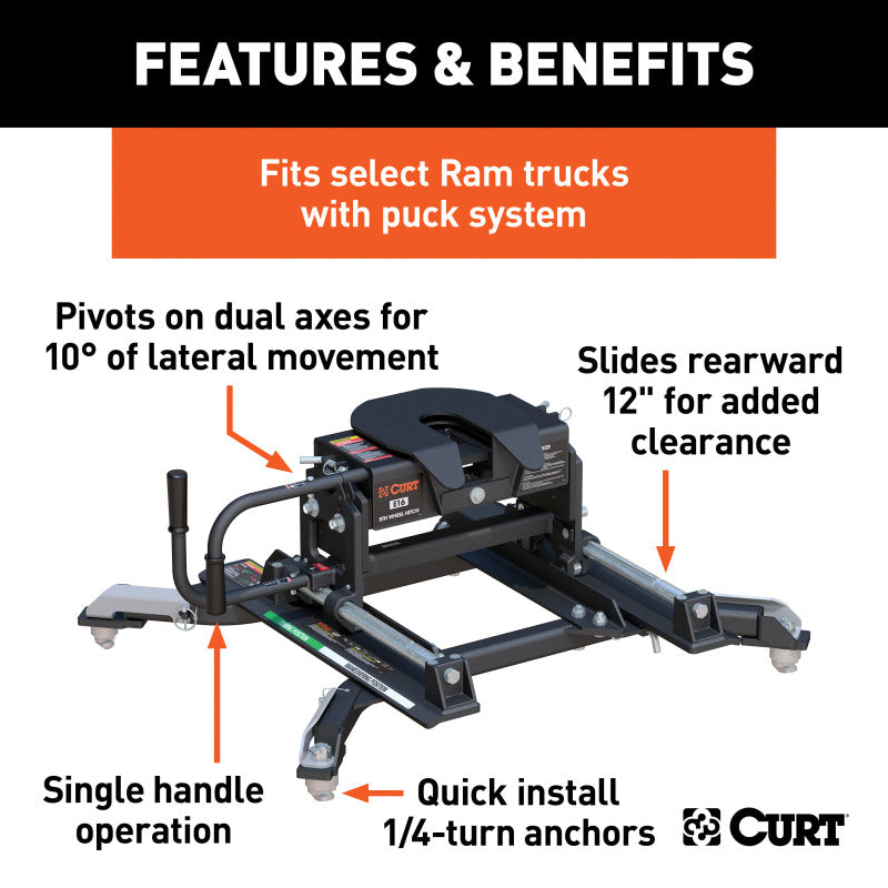 Curt E16 5th Wheel Hitch w/Roller and Ram Puck System Adapter