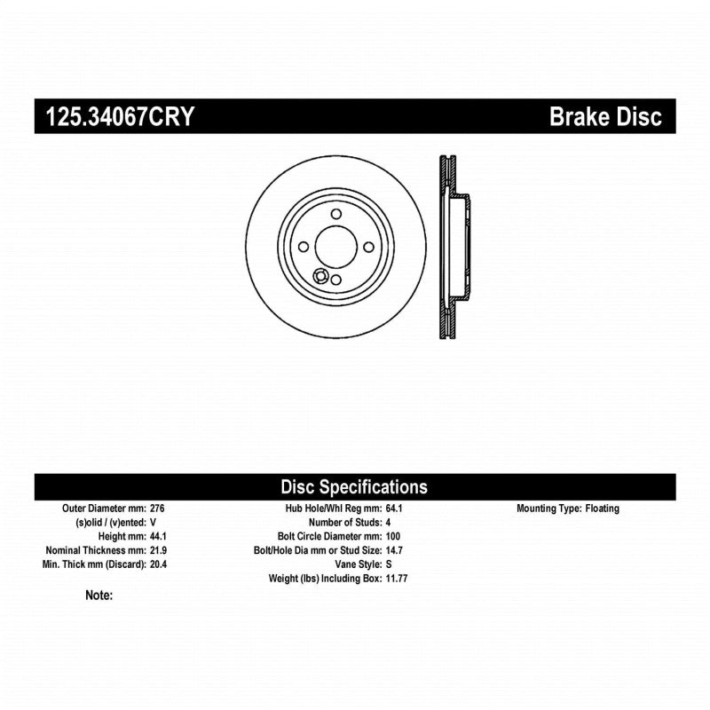 Stoptech 02-07 Mini Cooper/Mini Cooper S Front CRYO-STOP Rotor