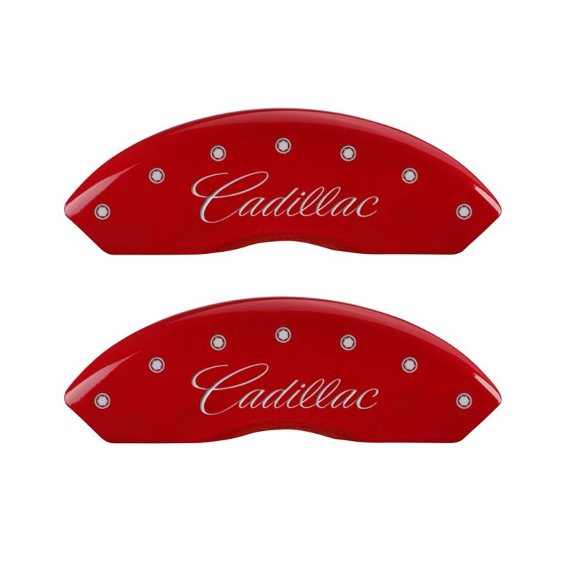 MGP 4 Caliper Covers Engraved Front Cursive/Cadillac Engraved Rear SRX Red finish silver ch