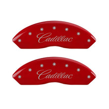 Load image into Gallery viewer, MGP 4 Caliper Covers Engraved Front Cursive/Cadillac Engraved Rear STS Red finish silver ch