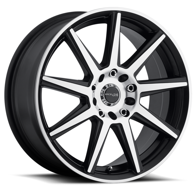 Raceline 144M Storm 18x7.5in / 5x108/5x114.3 BP / 42mm Offset / 72.62mm Bore- Black & Machined Wheel