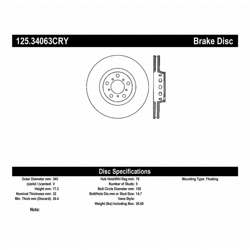 Stoptech 00-03 BMW M5 (E39) Front Right Premium High-Carbon Cryo Rotor