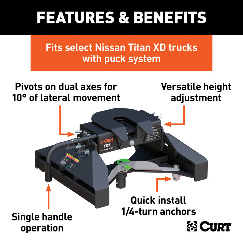 Curt E16 5th Wheel Hitch w/Nissan Titan XD Puck System Legs