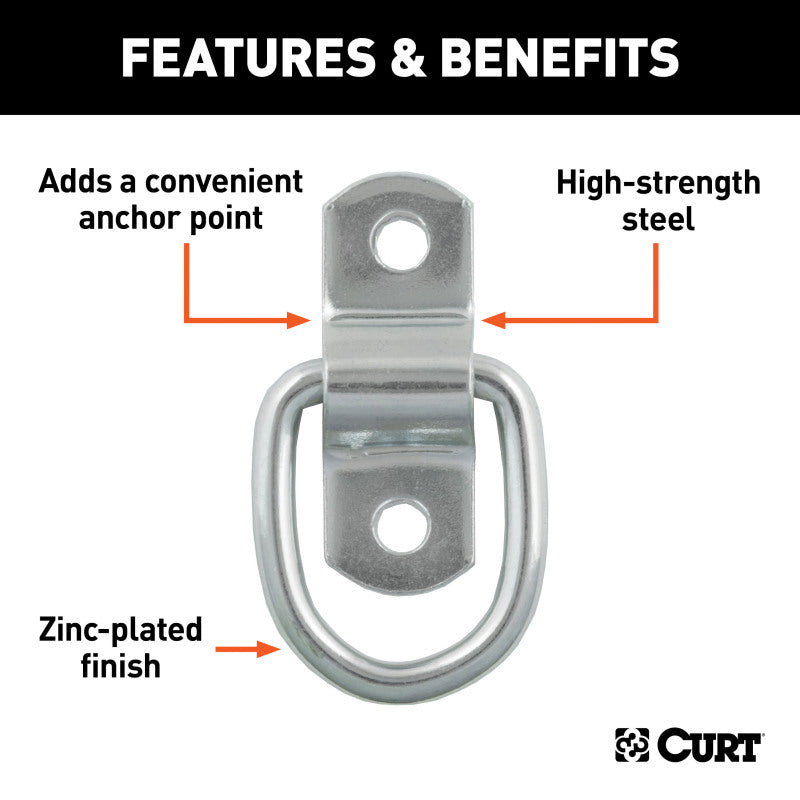 Curt 1in x 1-1/4in Surface-Mounted Tie-Down D-Ring (1200lbs Clear Zinc)