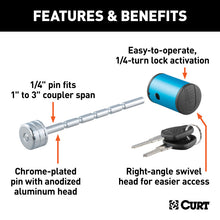 Load image into Gallery viewer, Curt Coupler Lock (1/4in Pin 1in to 3in Latch Span Right-Angle Chrome)