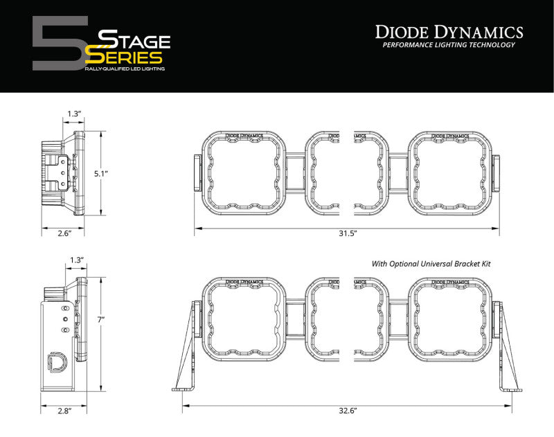 Diode Dynamics SS5 Pro Universal CrossLink 5-Pod Lightbar - White Combo