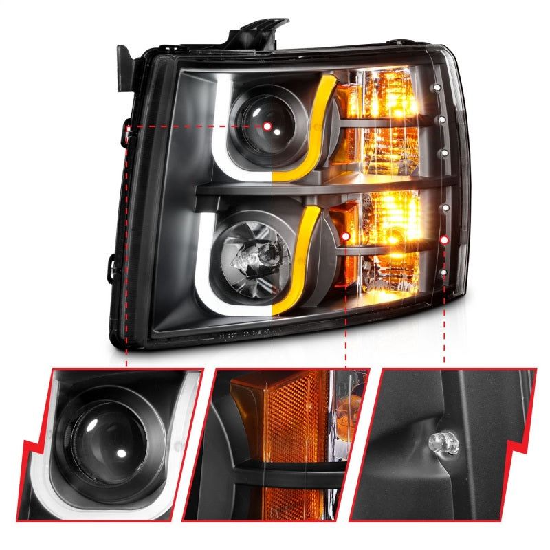 ANZO 2007-2013 Chevrolet Silverado 1500/2500 Projector Headlights w/ U-Bar Switchback Black w/ Amber