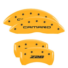 Load image into Gallery viewer, MGP 4 Caliper Covers Engraved Front Camaro Rear Z28 Yellow Finish Black Char 2000 Chevy Camaro