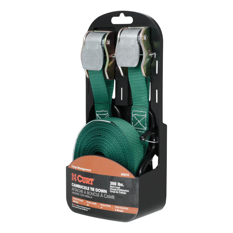 Curt 15ft Dark Green Cargo Straps w/S-Hooks (300lbs 2-Pack)