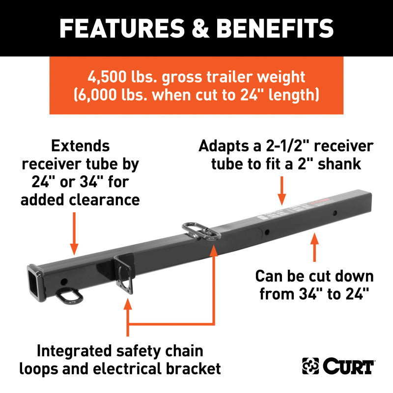 Curt Receiver Tube Adapter (2-1/2in to 2in Shank 4500lbs GTW 34in Length)