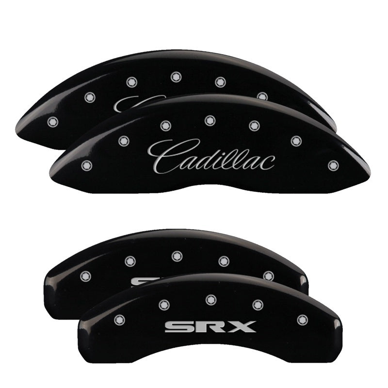 MGP 4 Caliper Covers Engraved Front Cursive/Cadillac Engraved Rear SRX Black finish silver ch