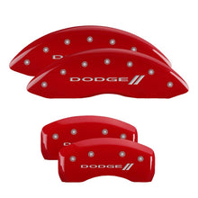 Load image into Gallery viewer, MGP 4 Caliper Covers Engraved Front &amp; Rear With stripes/Dodge Red finish silver ch