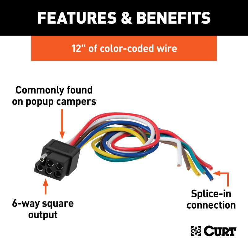 Curt 6-Way Square Connector Socket w/12in Wires (Vehicle Side Packaged)