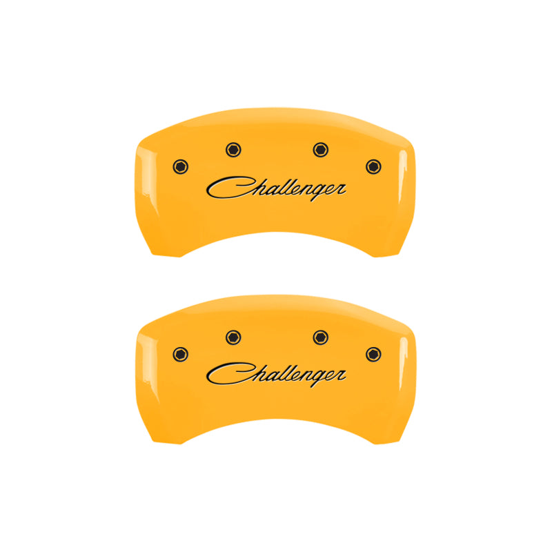 MGP 4 Caliper Covers Engraved Front & Rear Cursive/Challenger Yellow finish black ch