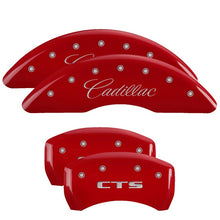 Load image into Gallery viewer, MGP 4 Caliper Covers Engraved Front Cursive/Cadillac Engraved Rear CTS Red finish silver ch