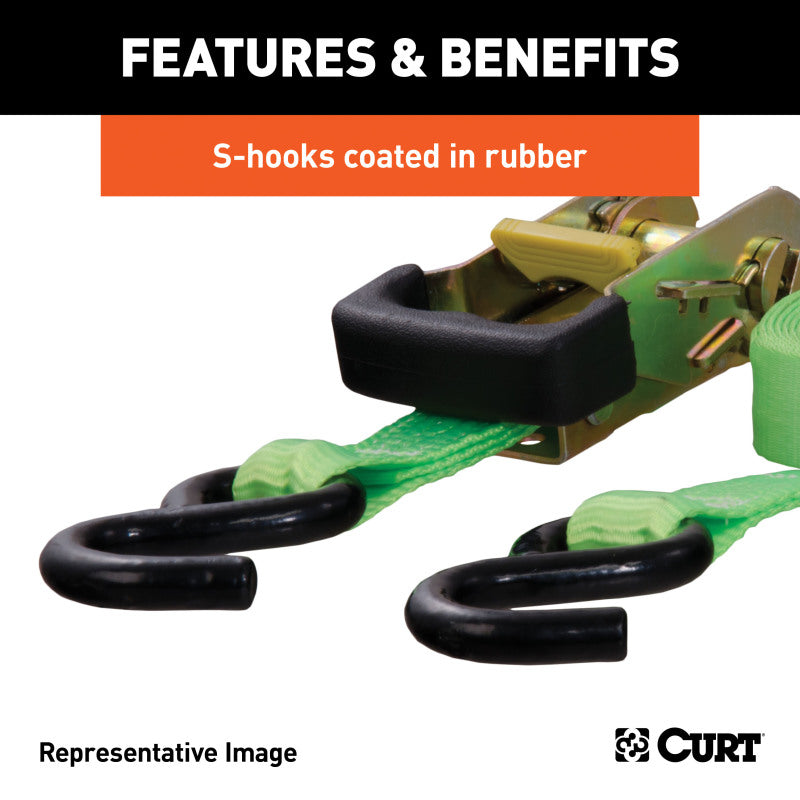 Curt 16ft Lime Green Cargo Straps w/S-Hooks (1100lbs 2-Pack)